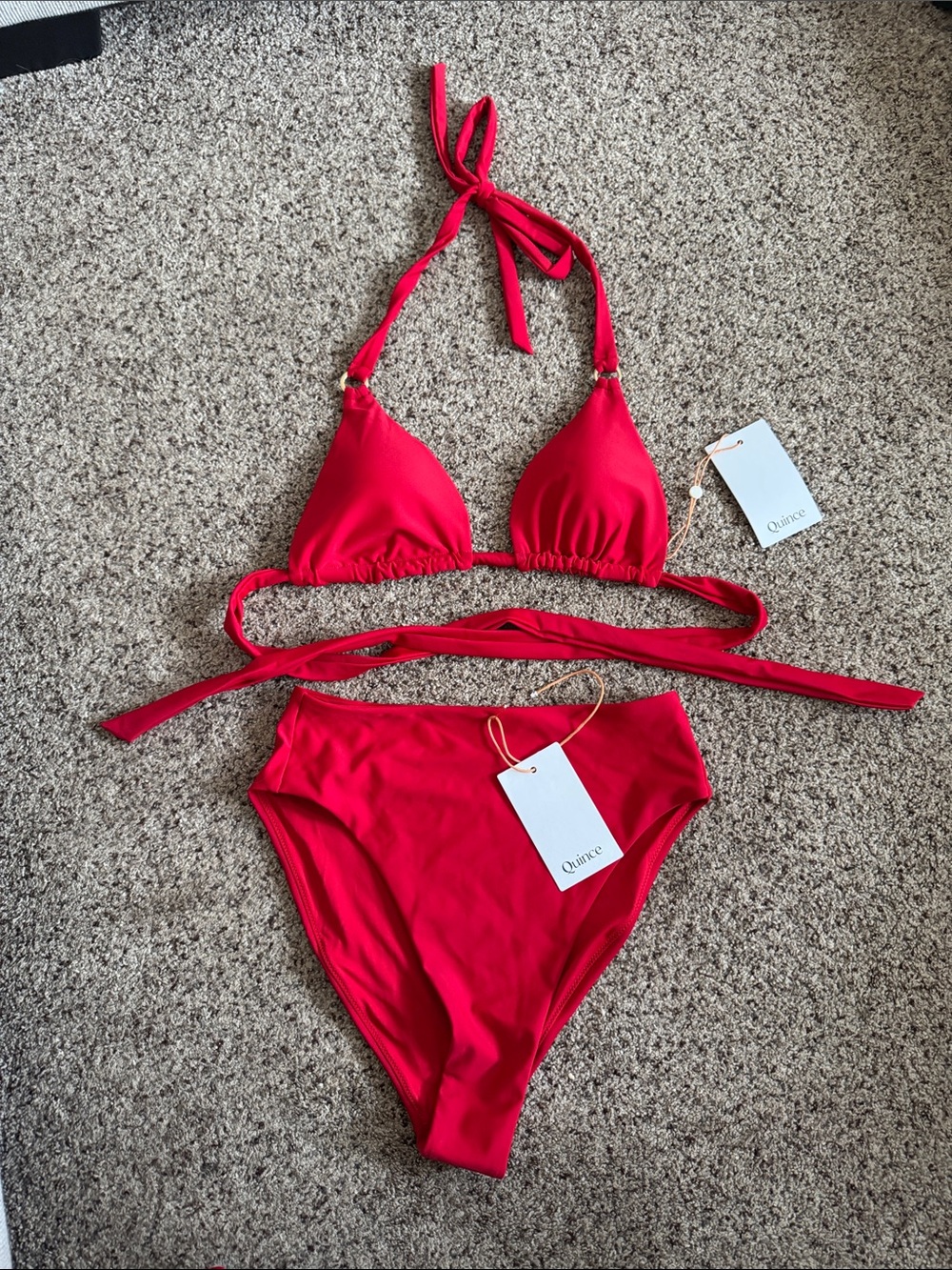 Quince Red Tie-Strap Triangle Bikini with High-Waist Bottoms